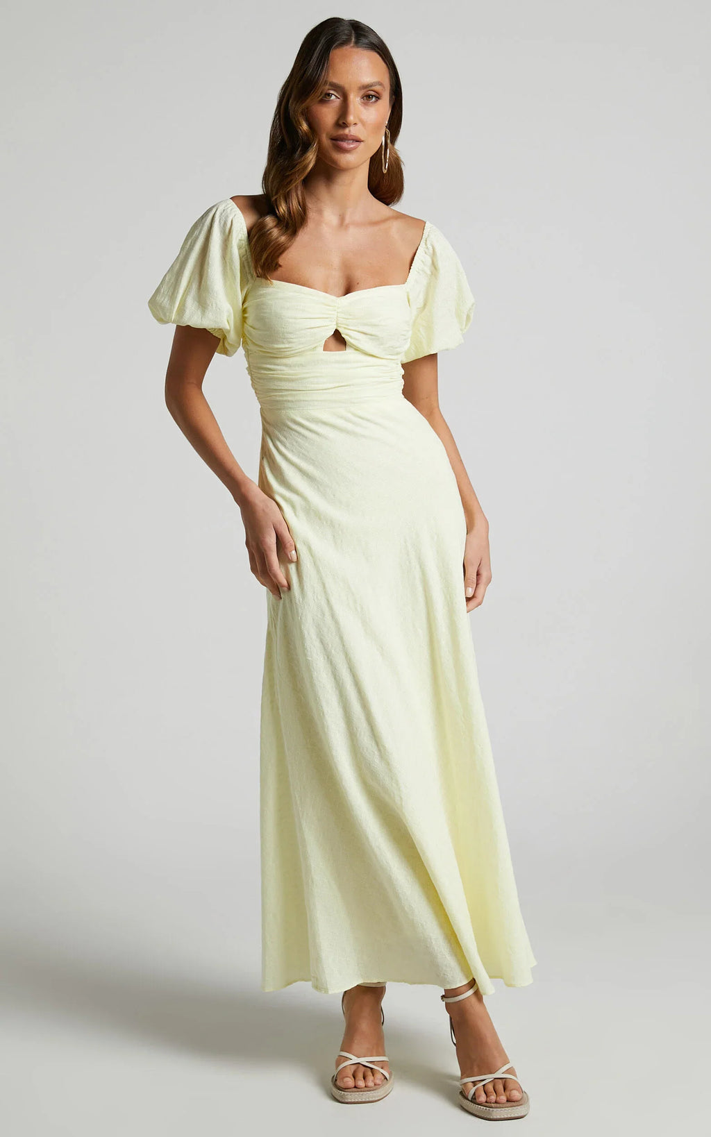 Vynna Midi Dress - Scoop Neck Puff Sleeve Ruched Bust A Line Dress in Butter Yellow