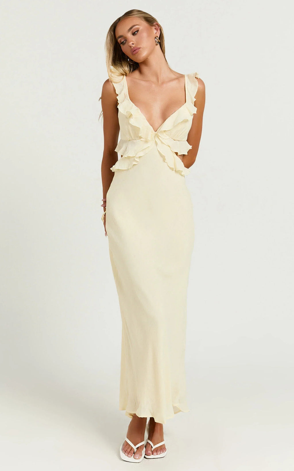 Dahlia Midi Dress - Ruffle Details Slip Dress in Lemon