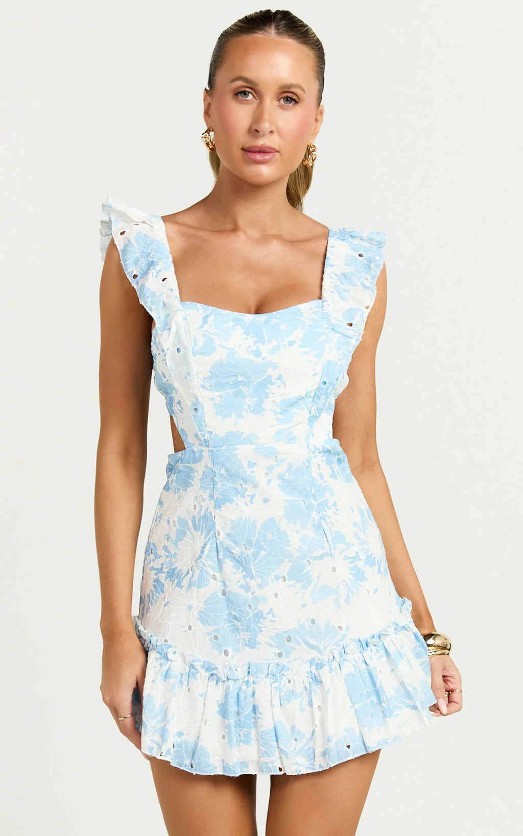 Anisha Mini Dress - Flutter Sleeve Straight Neck With Tie Back Dress in Blue Floral Print