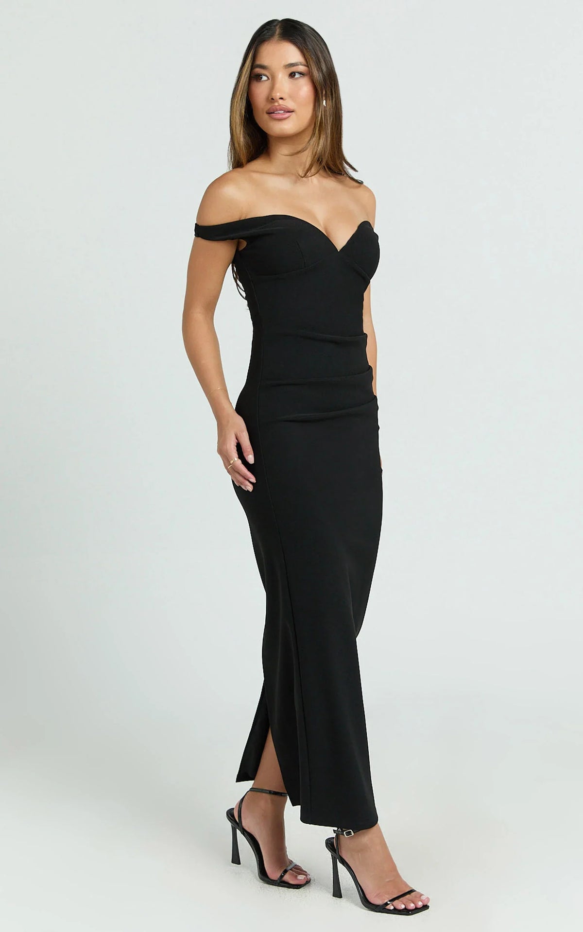 Vinnie Midi Dress - Off Shoulder Bustier Side Tuck Fitted Dress in Black