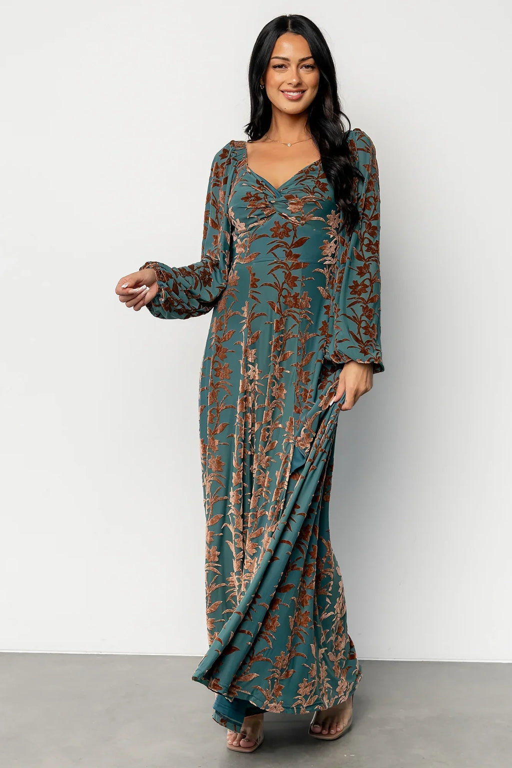 Aurora Velvet Maxi Dress | Jade + Bronze Floral