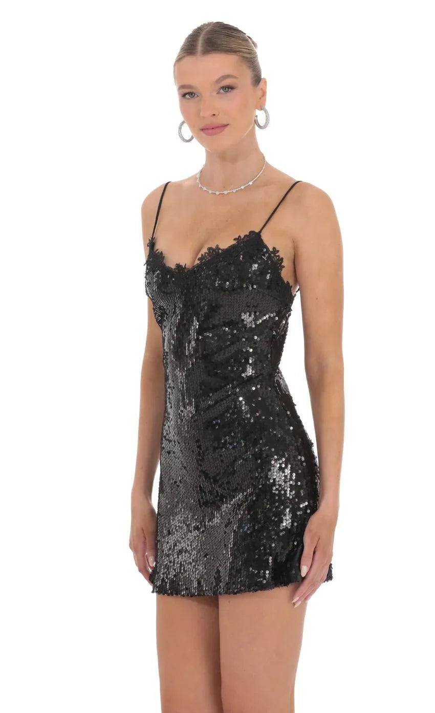 Floral Trim Sequin Dress in Black
