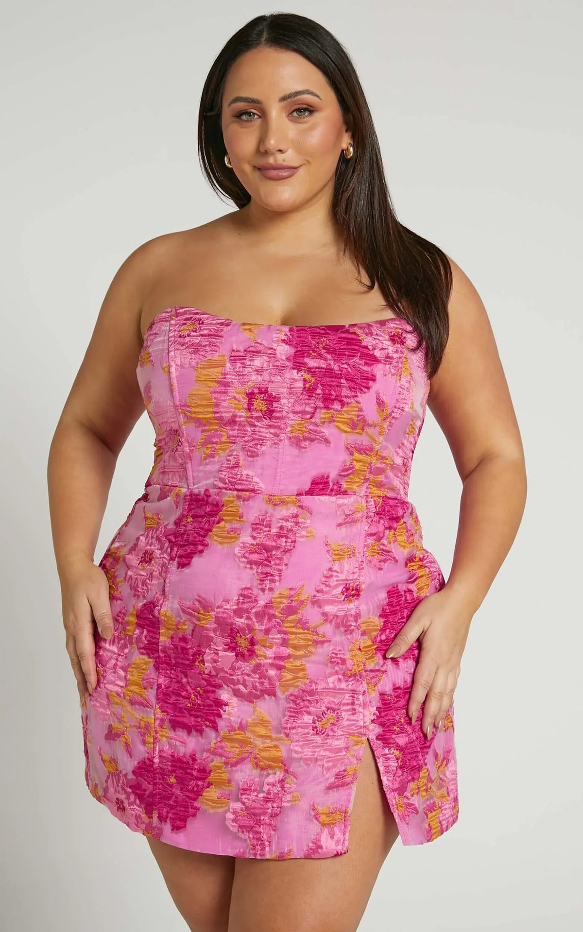 Brailey Mini Dress - Strapless Dress in Pink Jacquard