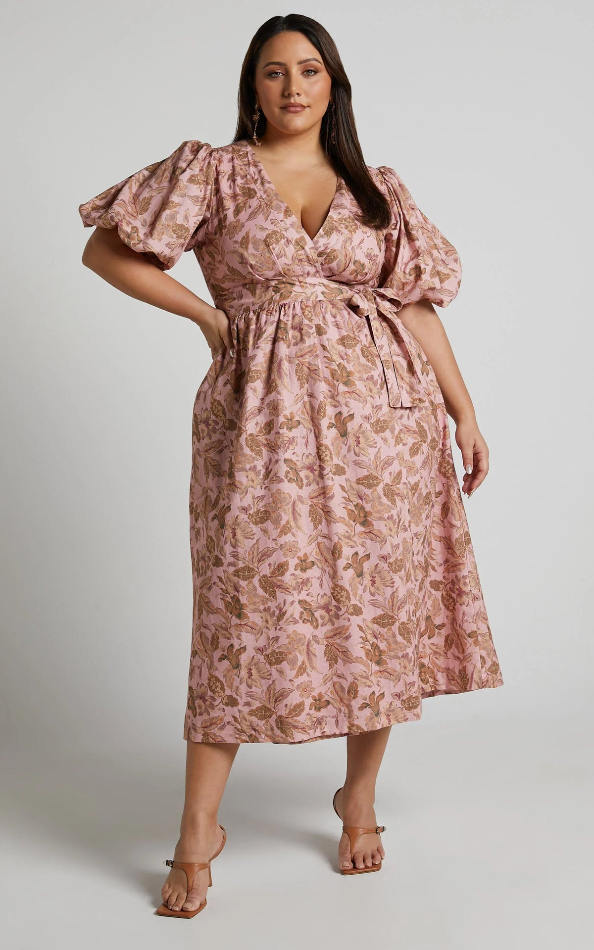 Amalie The Label - Franc Linen Puff Sleeve Wrap Midi Linen Dress in Vahala Print
