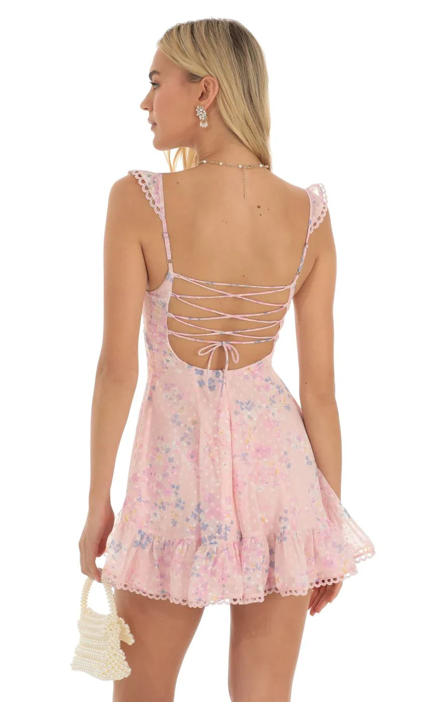 Floral Dotted A-Line Dress in Pink