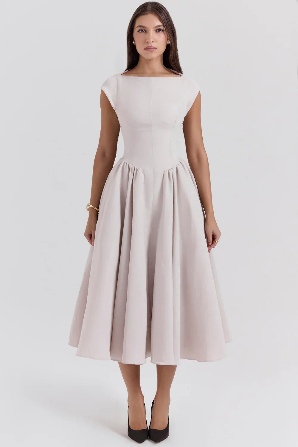 French Dove Moire Satin Backless Midi Dress