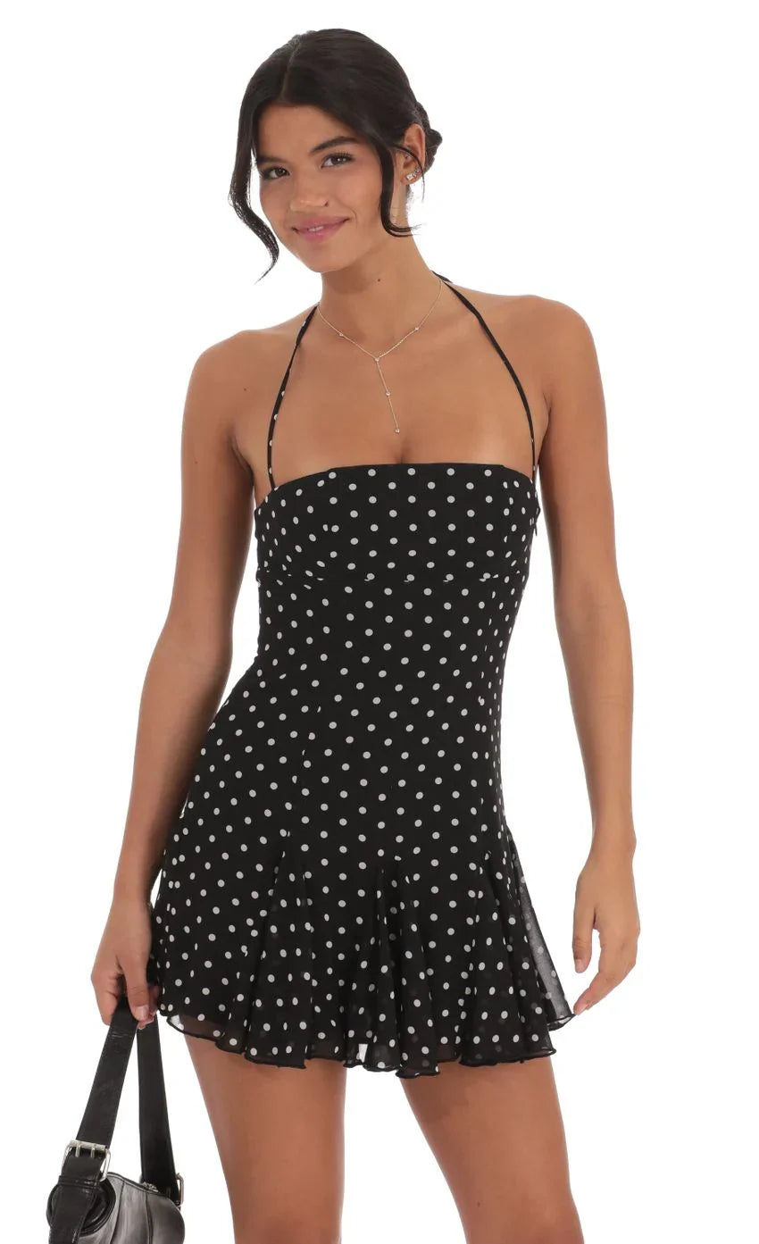 Halter Polka Dot Dress in Black