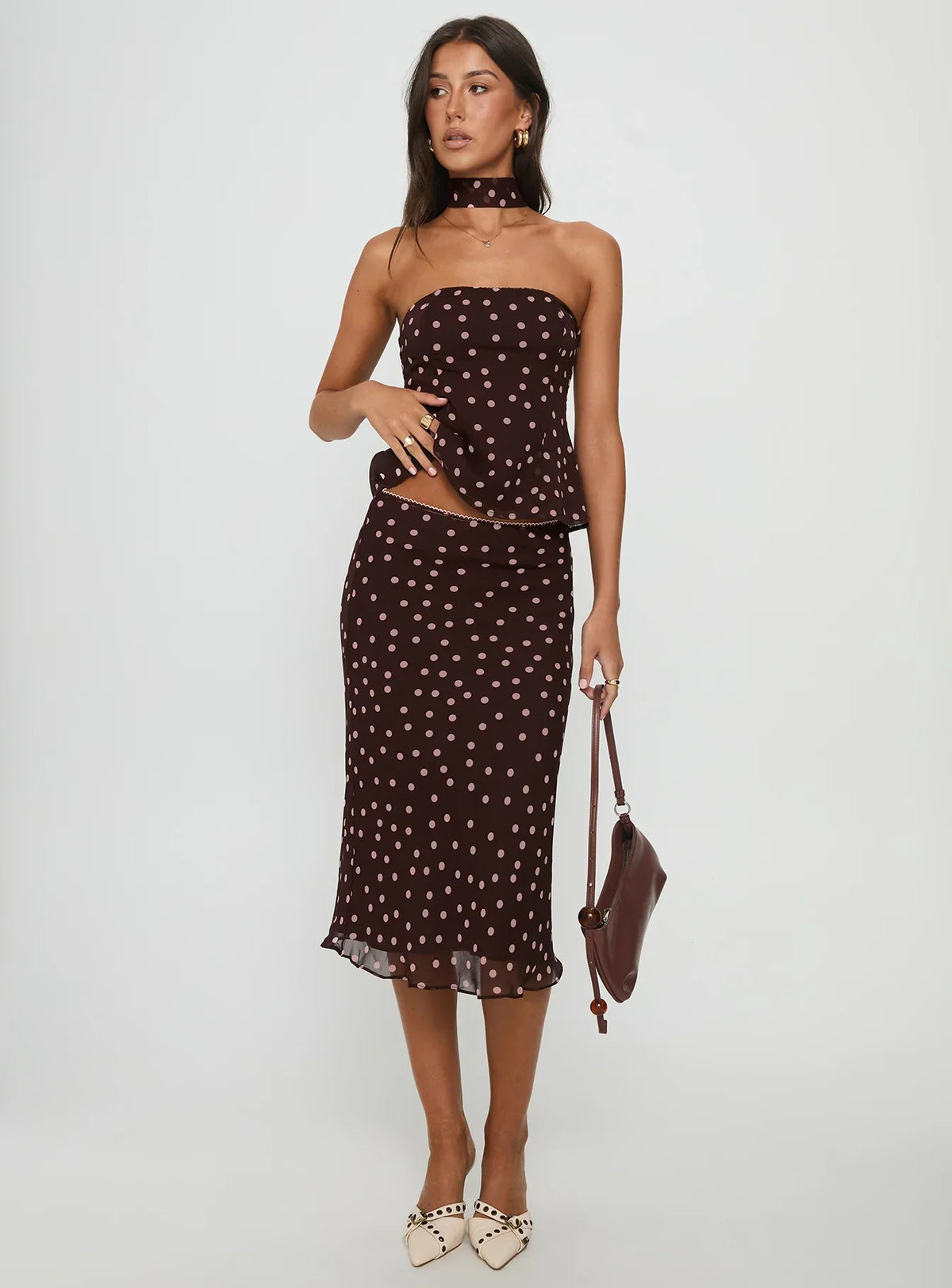 Sydni Midi Bias Cut Skirt Chocolate / Pink Polka