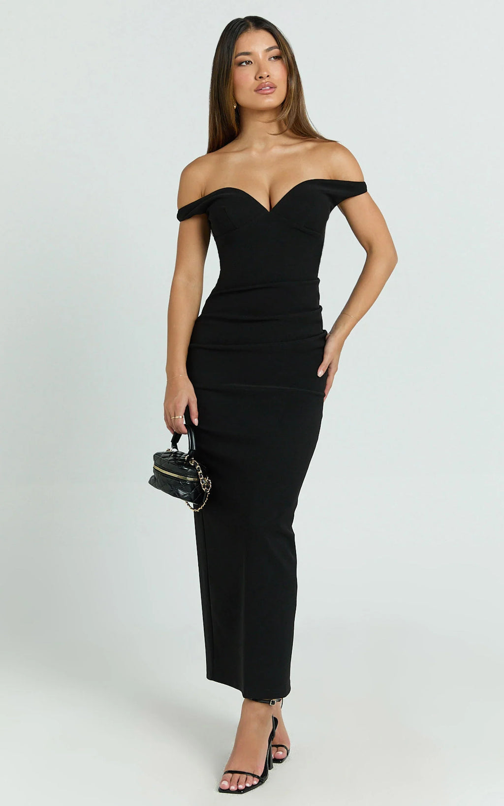 Vinnie Midi Dress - Off Shoulder Bustier Side Tuck Fitted Dress in Black