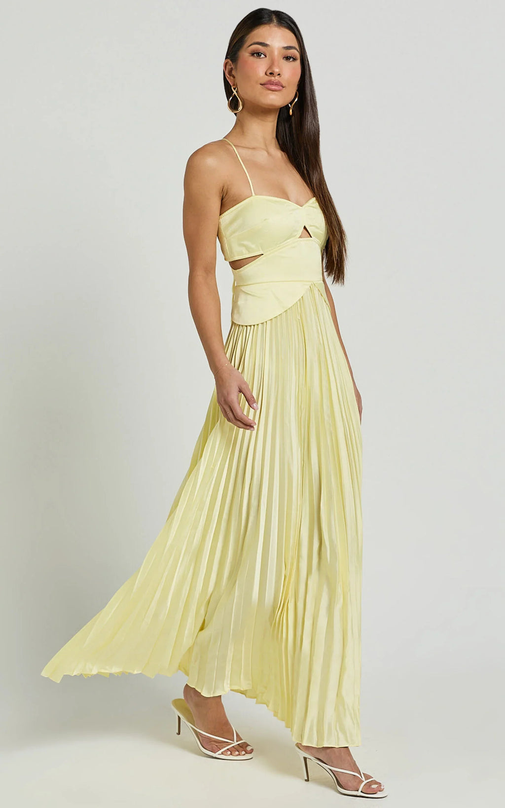 Shay Maxi Dress - Sweetheart Cut Out Pleated Dress in Lemon