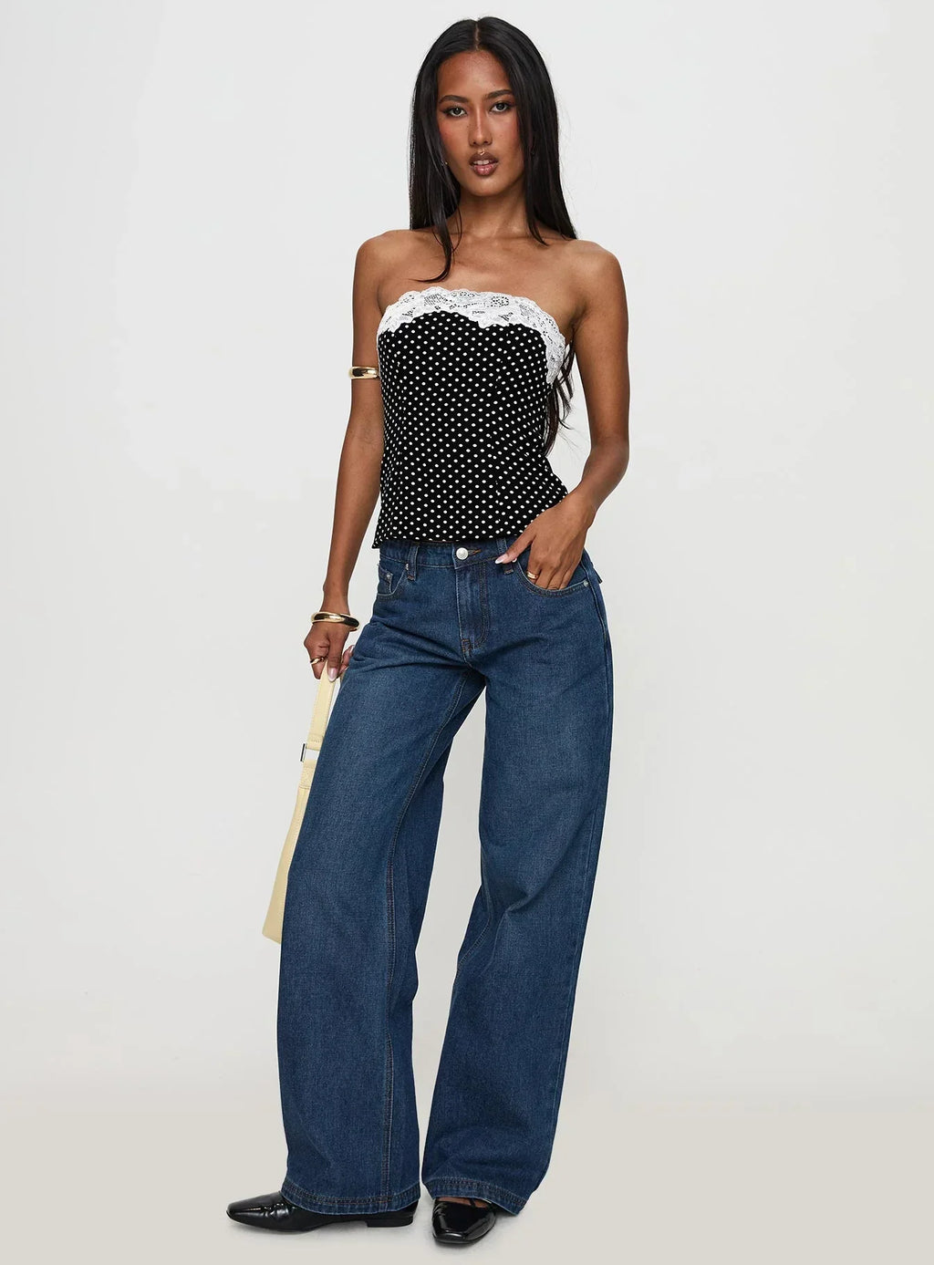Ettore Lace Trim Strapless Top Black Polka