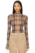 Plaid Mesh Long Sleeve Turtleneck Top