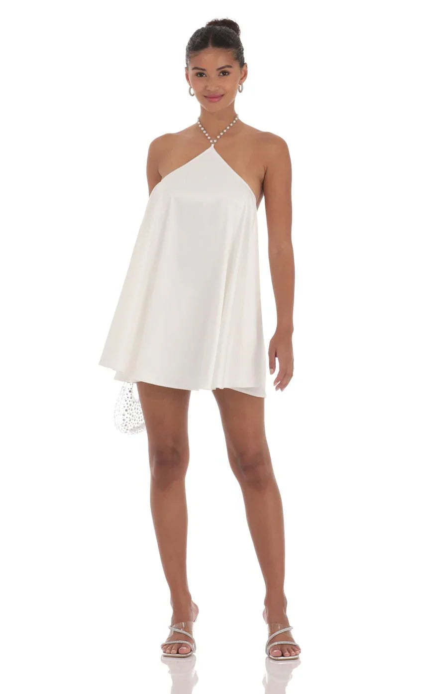 Pearl Halter Shift Dress in White