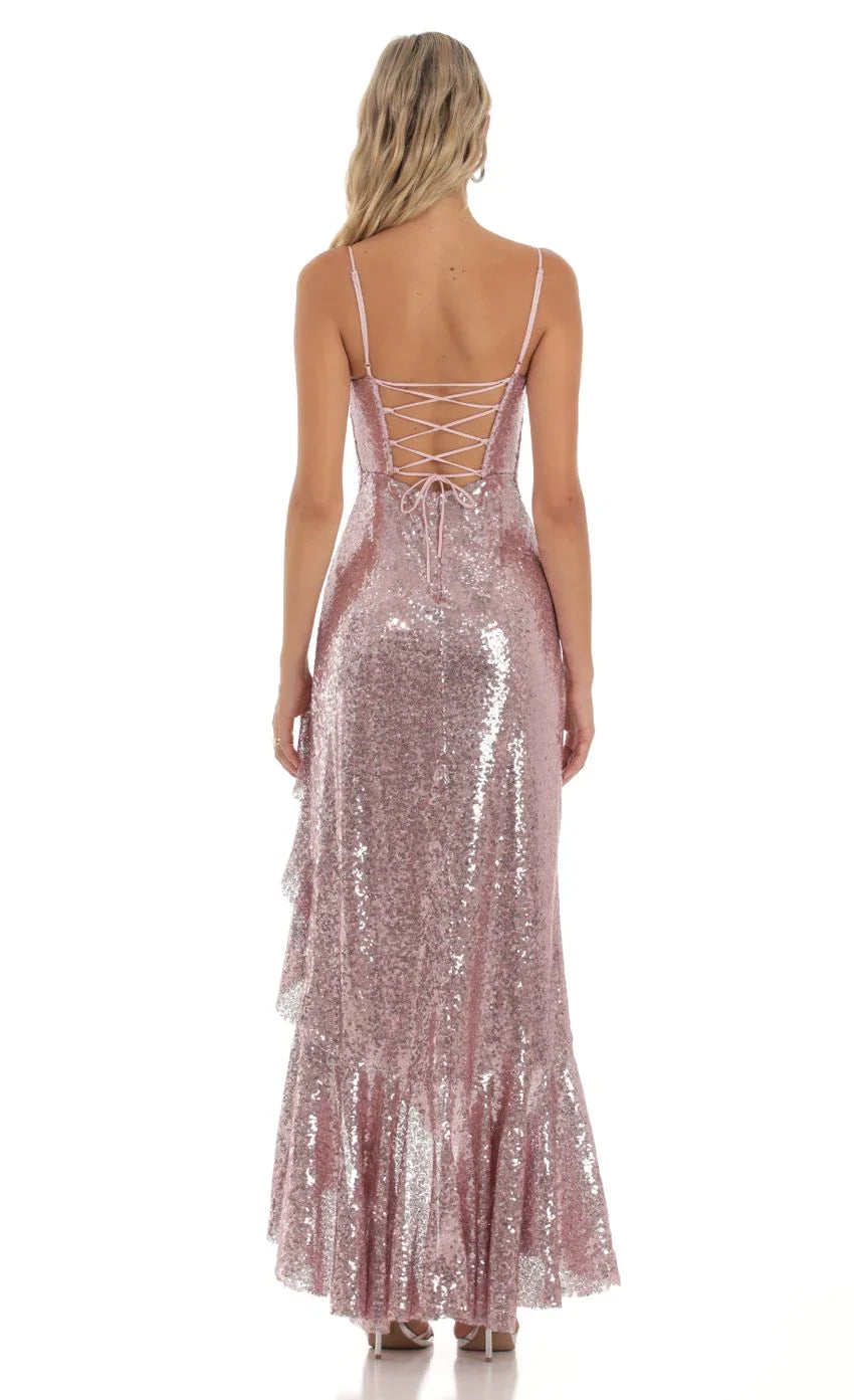 Sequin Ruffle Dress in Rose Gold