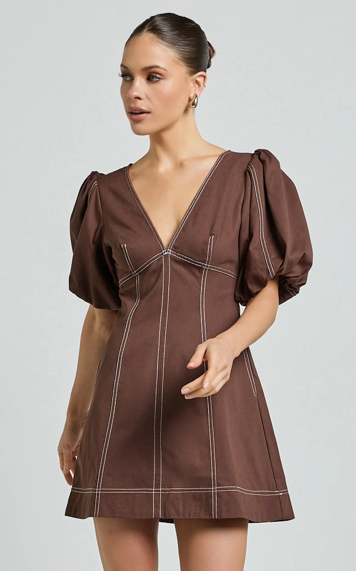 Tallie Mini Dress - Linen Puff Sleeve A Line Dress in Chocolate