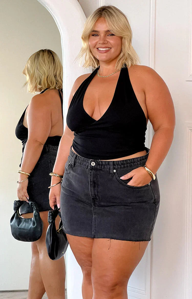 Siletto Black Denim Low Rise Mini Skirt
