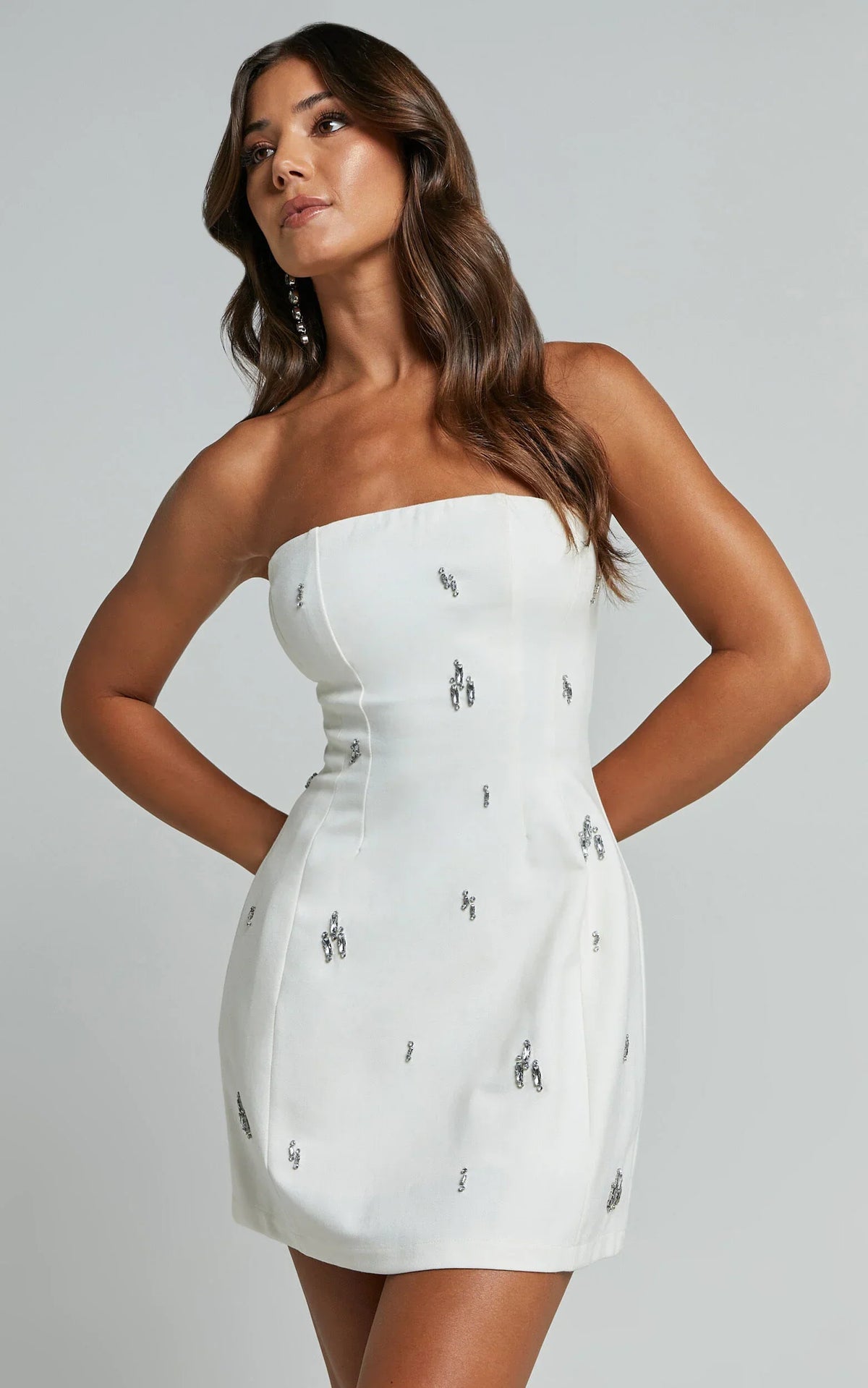 Anziel Mini Dress - Strapless Structured Cluster Embellishment Dress in White