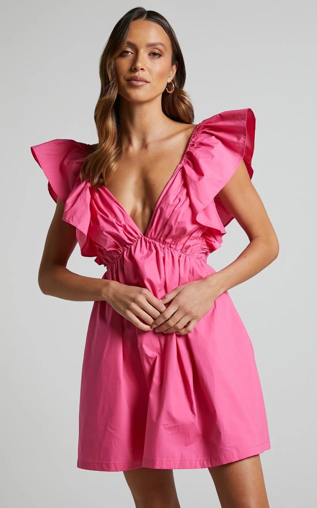 Raiza Mini Dress - Ruffle Sleeve Tie Back Plunge Dress in Fuchsia