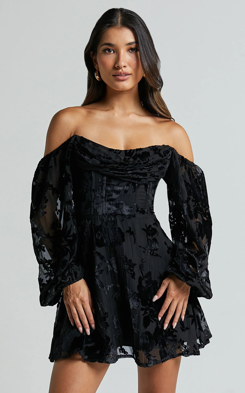 Jessell Mini Dress - Long Sleeve Cowl Corset Dress in Ebony Burnout