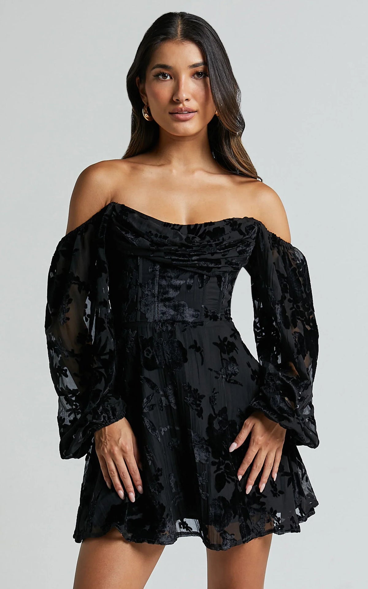 Jessell Mini Dress - Long Sleeve Cowl Corset Dress in Ebony Burnout