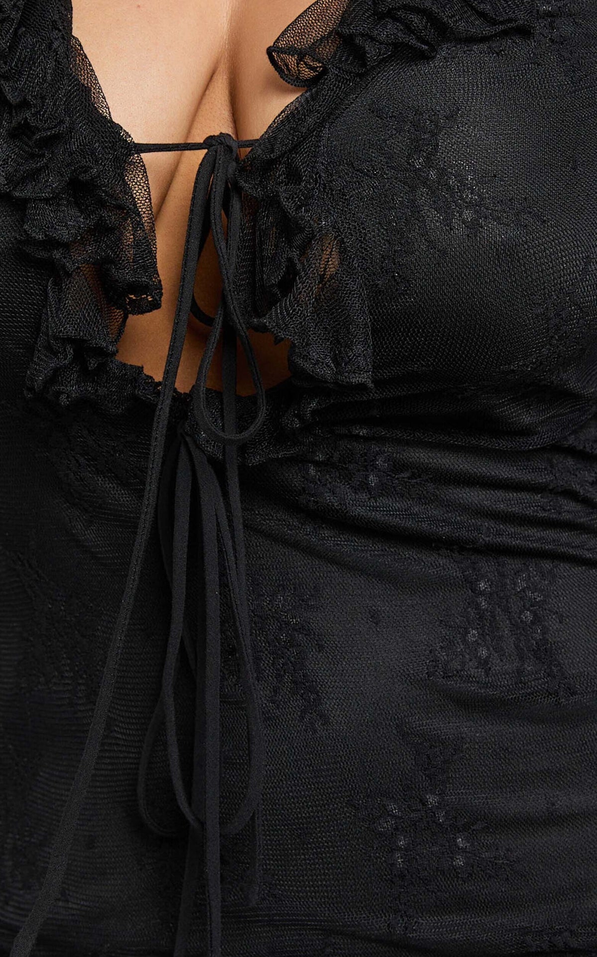 Presley Mini Dress - Lace Ruffle Plunge Tie Detail Dress in Black