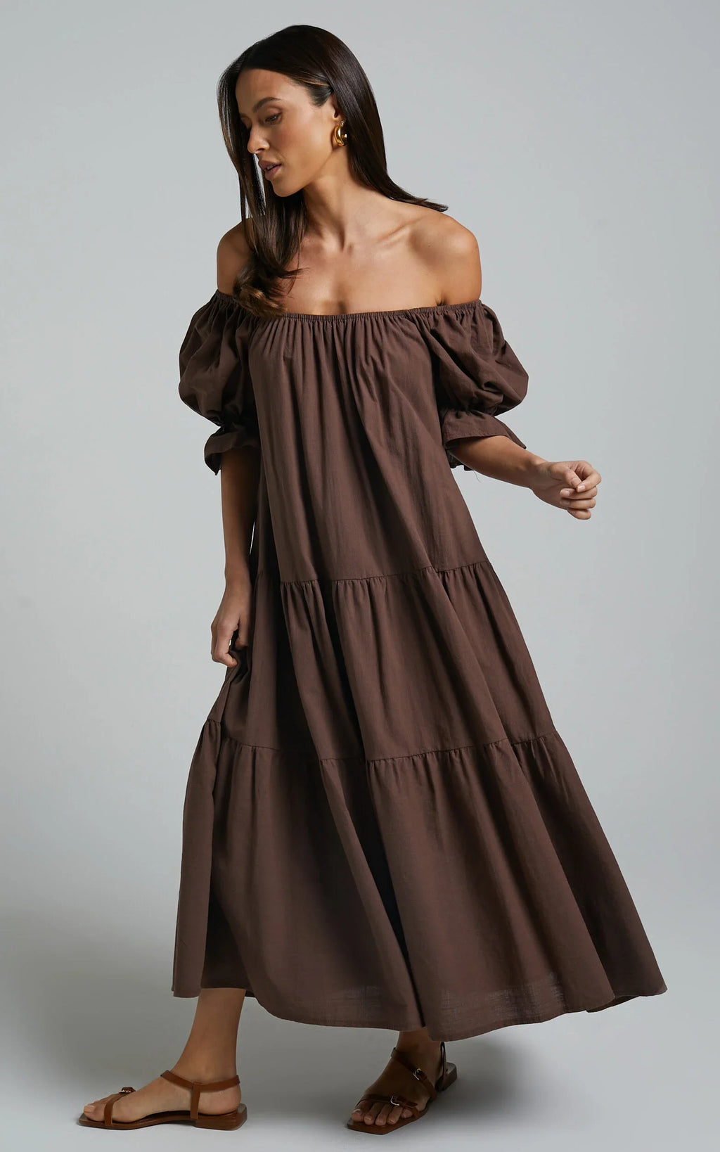 Zaharrah Midi Dress - Tiered Dress in Chocolate Linen Look