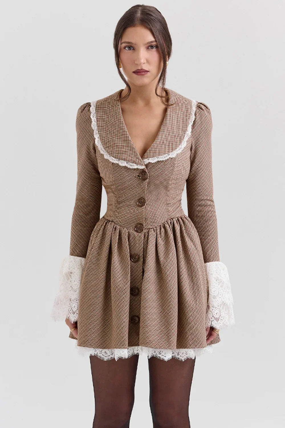 Brown Puppytooth Check Mini Dress
