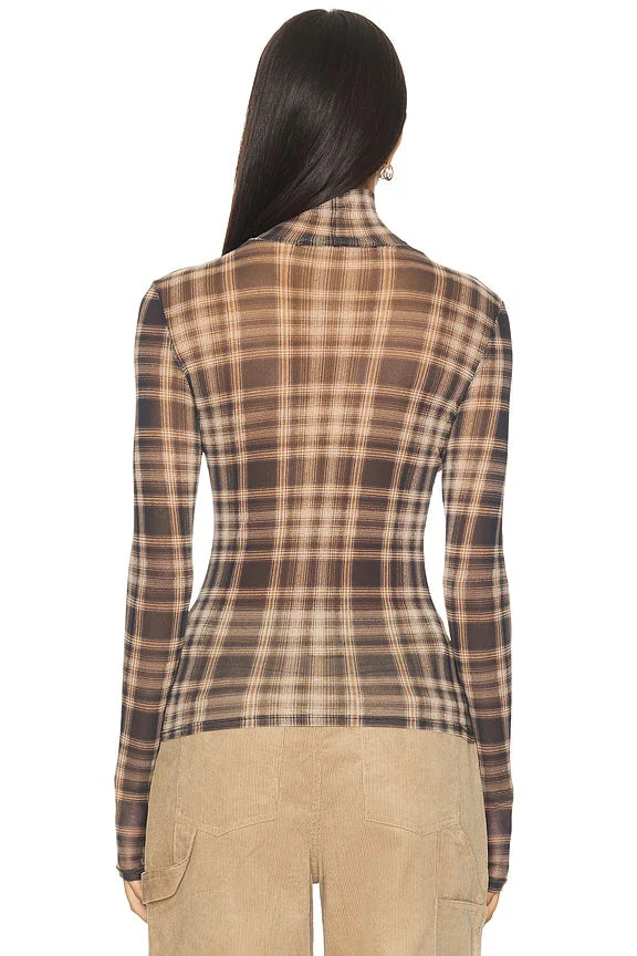 Plaid Mesh Long Sleeve Turtleneck Top