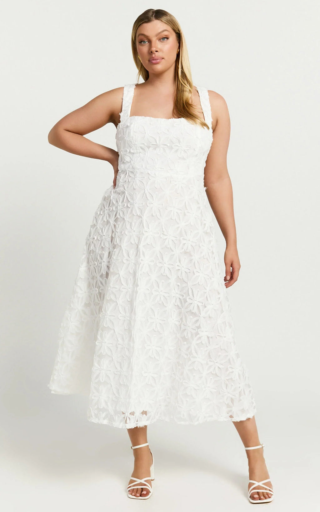 Clarissa Midi Dress - Square Neck Open Back A Line Dress in White
