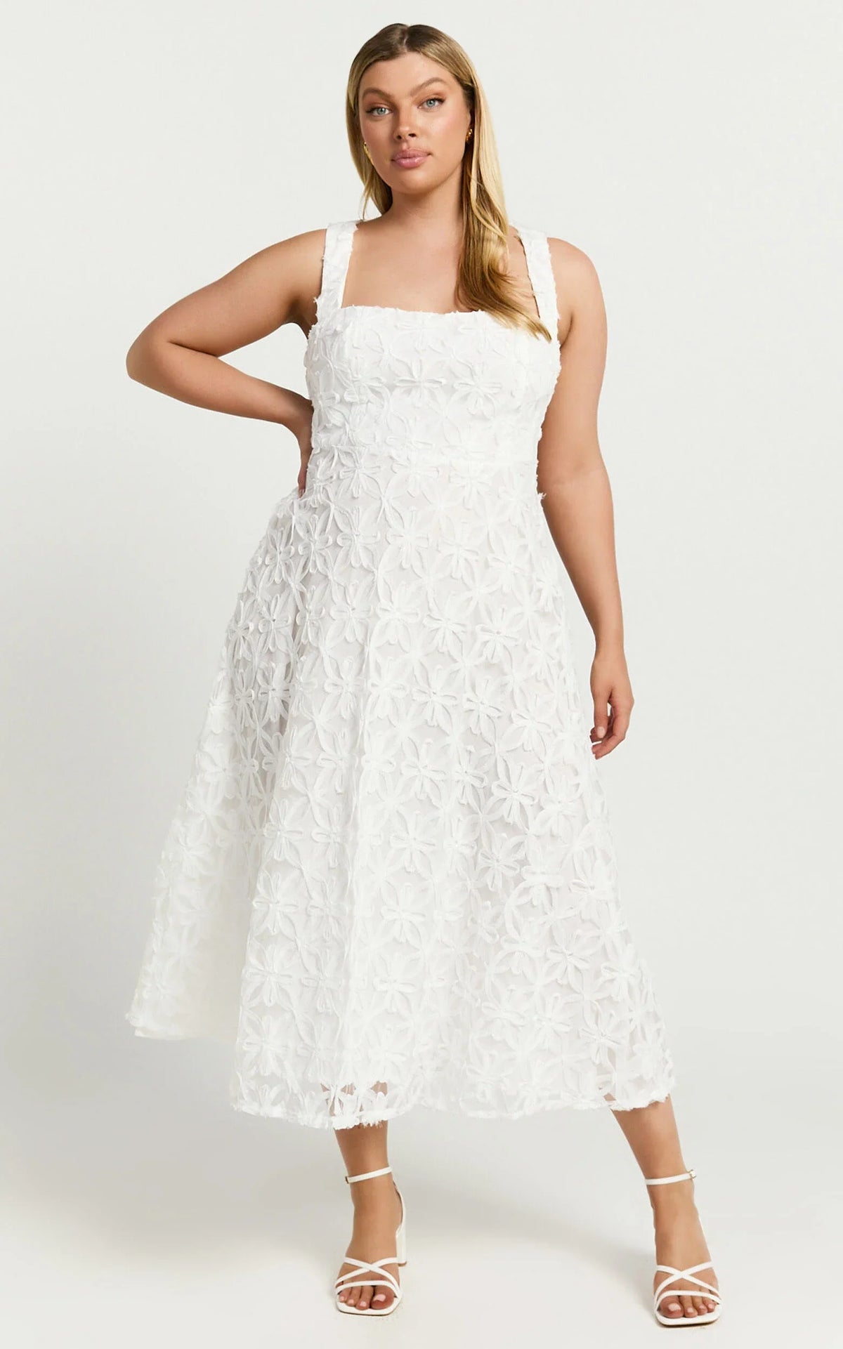 Clarissa Midi Dress - Square Neck Open Back A Line Dress in White