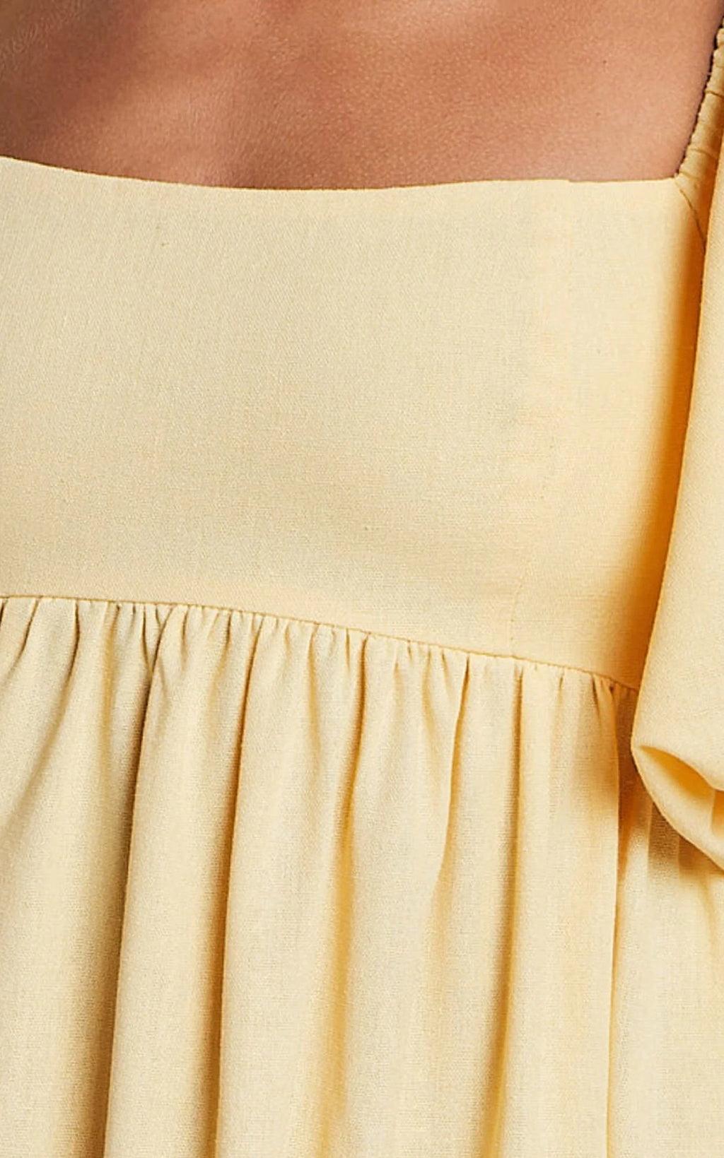 Cenia Midi Dress - Linen Straight Neck Shirred Back Puff Sleeve Dress in Lemon