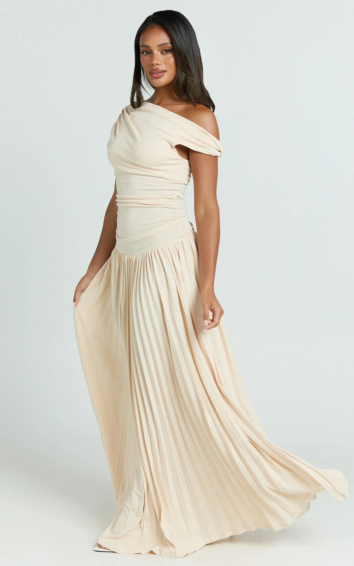 Yvonne Maxi Dress - Jersey Tip Shoulder Ruched Dress in Off White