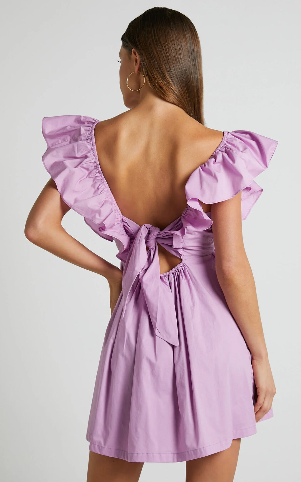 Raiza Mini Dress - Ruffle Sleeve Tie Back Plunge Dress in Lilac