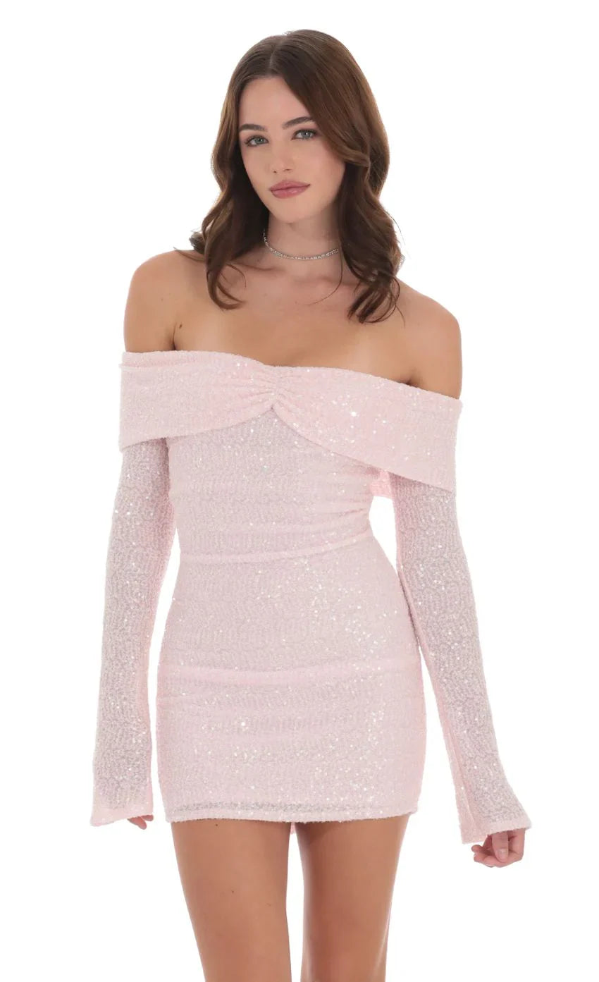 Sequin Off Shoulder Dress in Pink