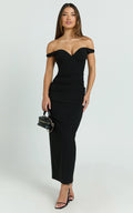 Vinnie Midi Dress - Off Shoulder Bustier Side Tuck Fitted Dress in Black