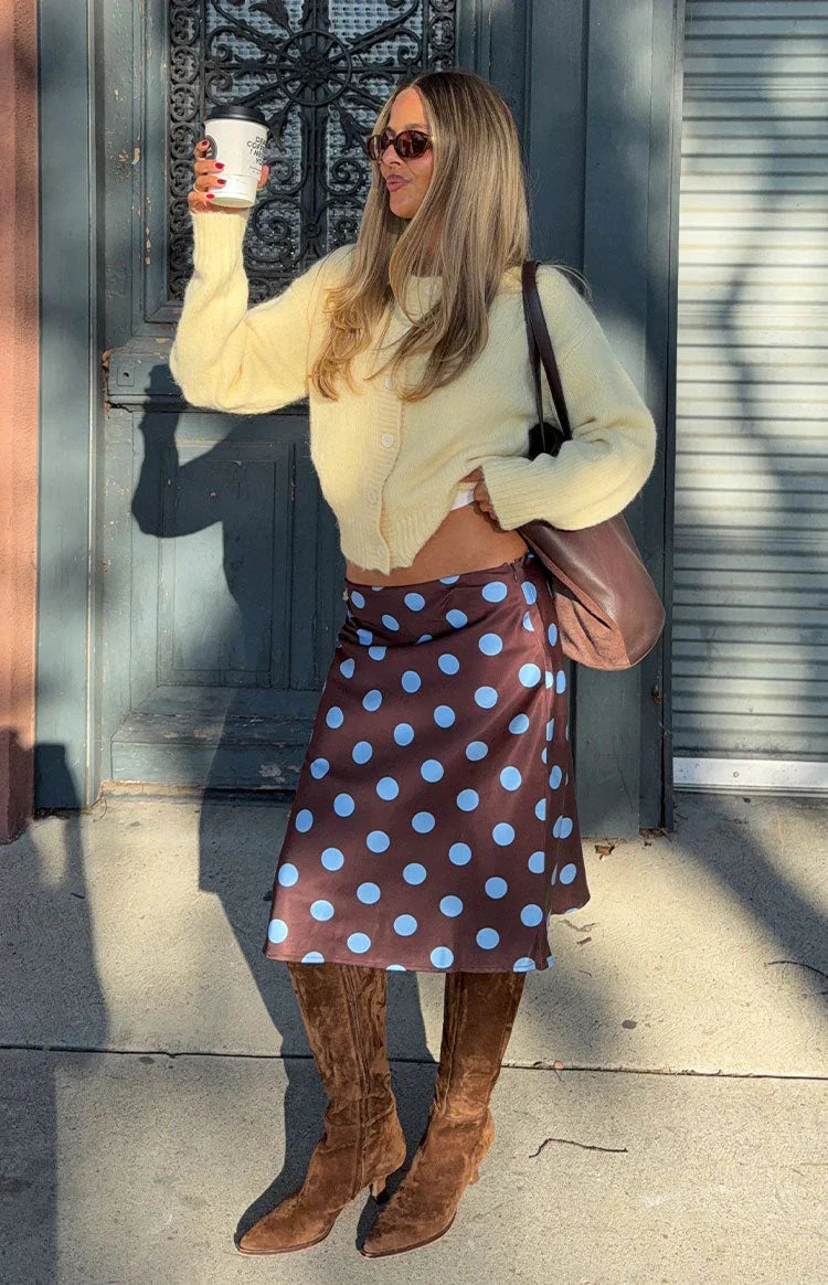 Charlize Brown and Blue Polka Dot Midi Skirt