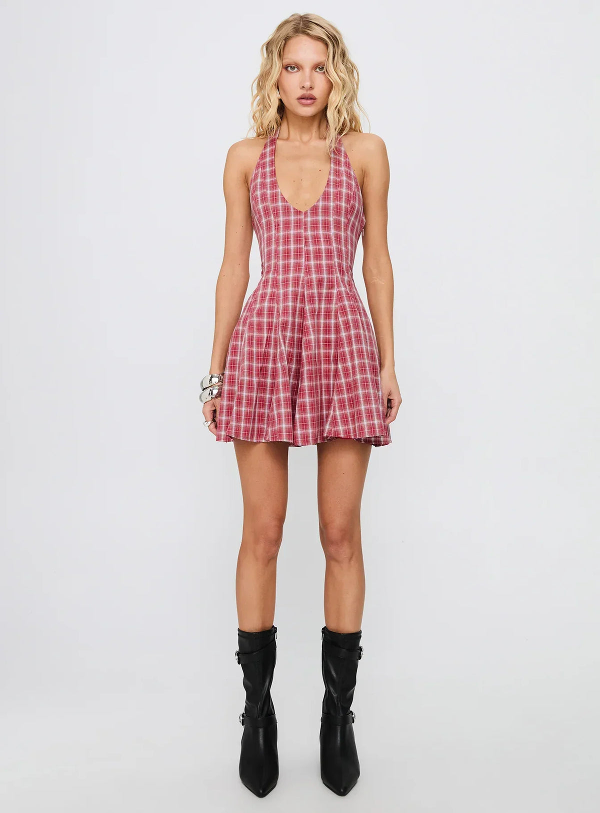 Out Of Nowhere Halter Mini Dress Red Check