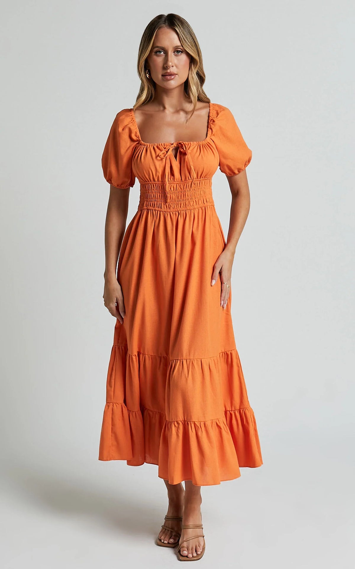 Claritza Midi Dress - Linen Look Short Puff Sleeve Square Neck Tiered Dress in Sherbert