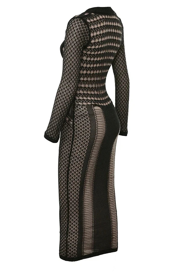 Black Plunge Open Knit Midi Dress